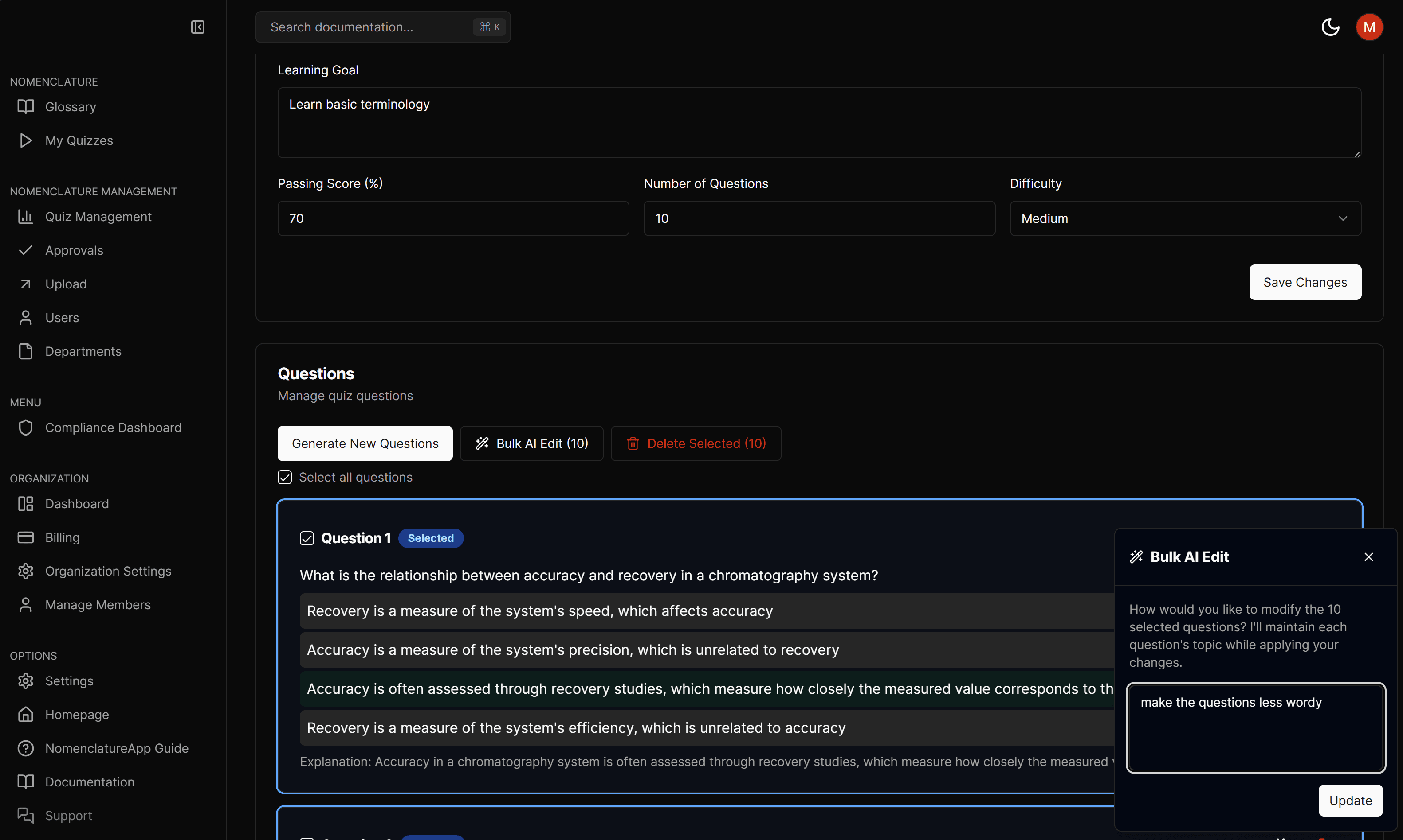Edit quiz using AI assistance